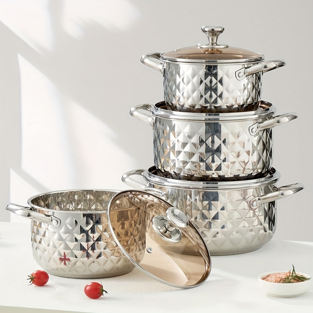 Diamond Pattern Cookware Set – Stainless Steel Pots with Lids