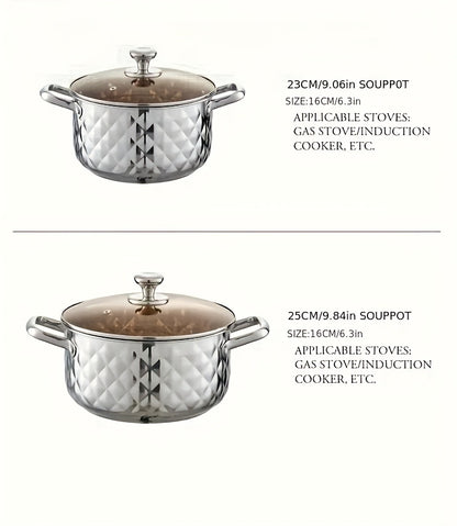 Diamond Pattern Cookware Set – Stainless Steel Pots with Lids