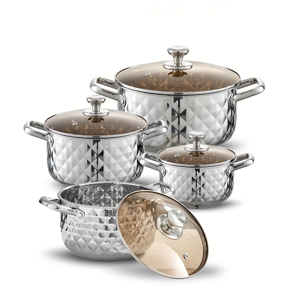 Diamond Pattern Cookware Set – Stainless Steel Pots with Lids