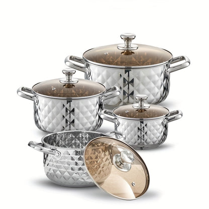 Diamond Pattern Cookware Set – Stainless Steel Pots with Lids
