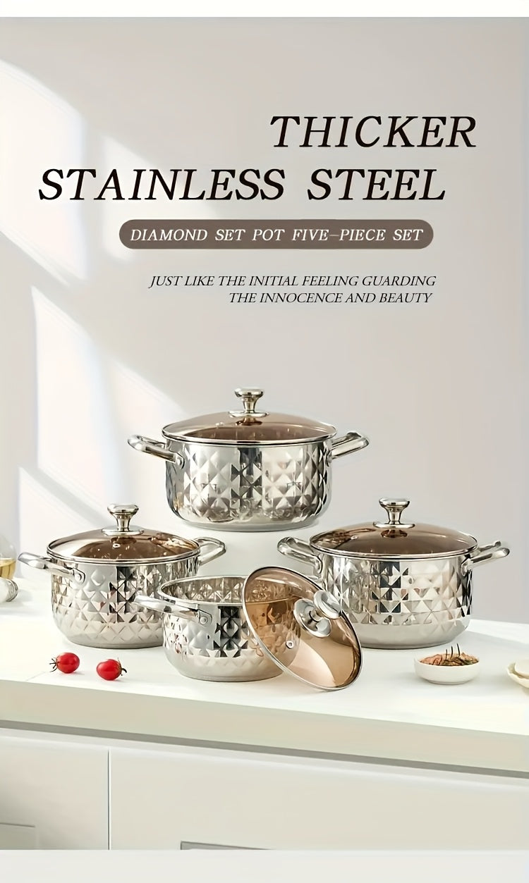 Diamond Pattern Cookware Set – Stainless Steel Pots with Lids