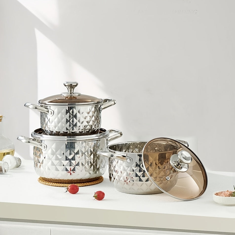Diamond Pattern Cookware Set – Stainless Steel Pots with Lids