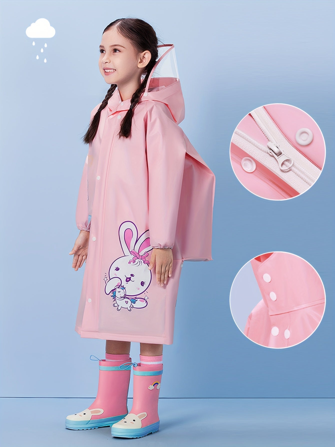 Girls' Bunny Raincoat – Hooded Waterproof Jacket with Backpack Pocket