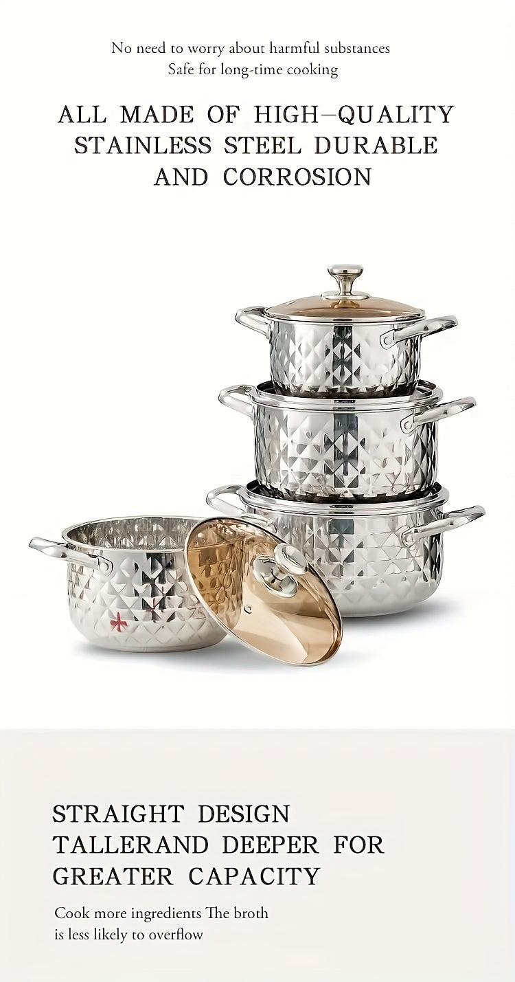 Diamond Pattern Cookware Set – Stainless Steel Pots with Lids