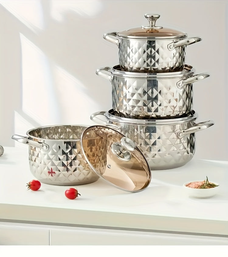 Diamond Pattern Cookware Set – Stainless Steel Pots with Lids