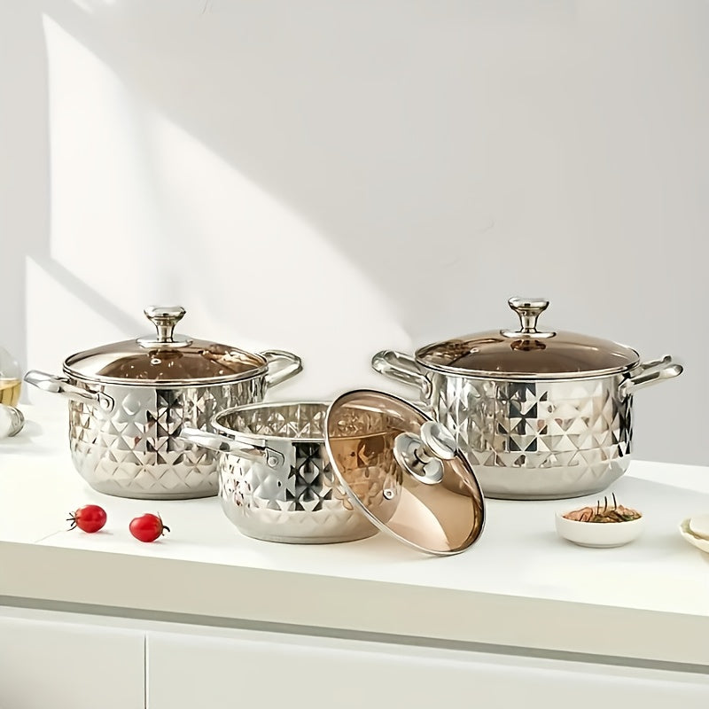 Diamond Pattern Cookware Set – Stainless Steel Pots with Lids