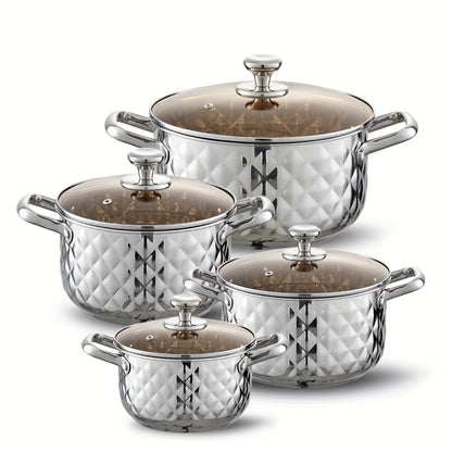 Diamond Pattern Cookware Set – Stainless Steel Pots with Lids