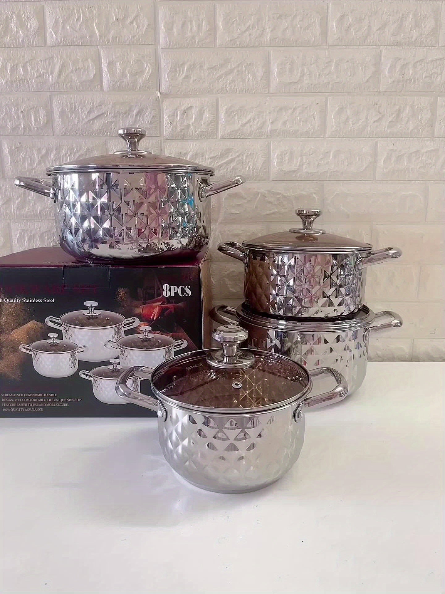 Diamond Pattern Cookware Set – Stainless Steel Pots with Lids