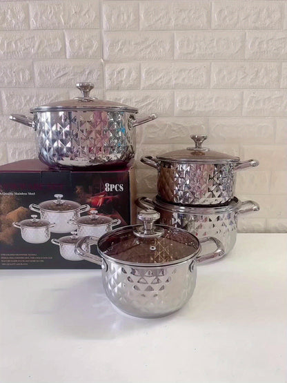 Diamond Pattern Cookware Set – Stainless Steel Pots with Lids