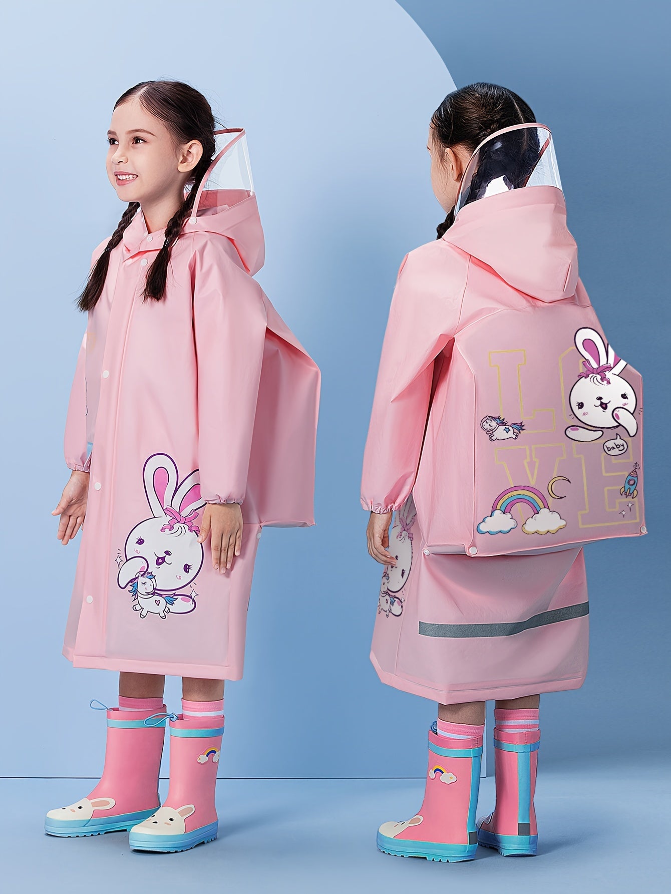 Girls' Bunny Raincoat – Hooded Waterproof Jacket with Backpack Pocket