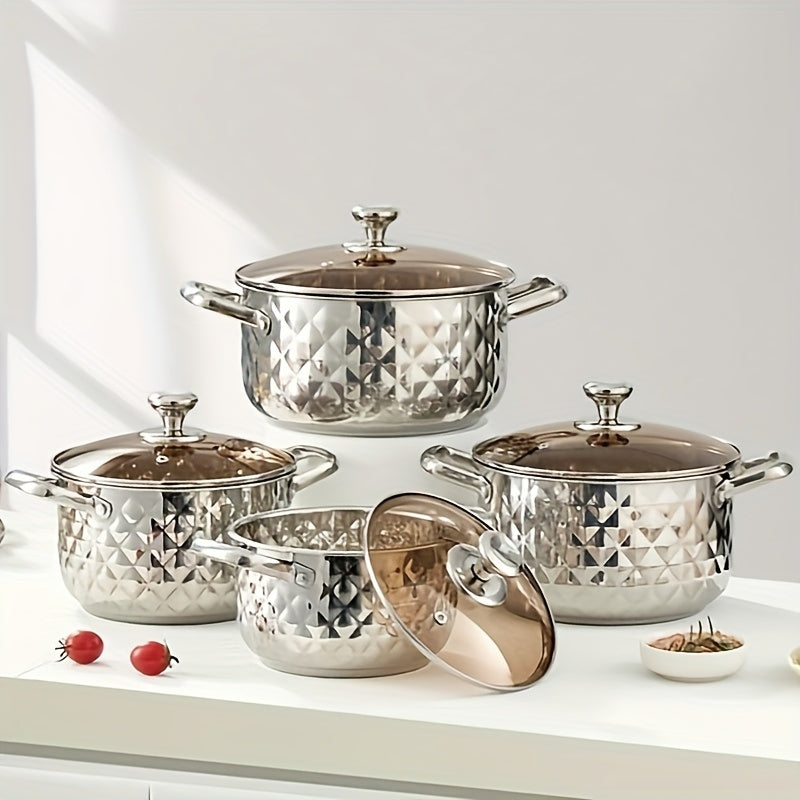 Diamond Pattern Cookware Set – Stainless Steel Pots with Lids