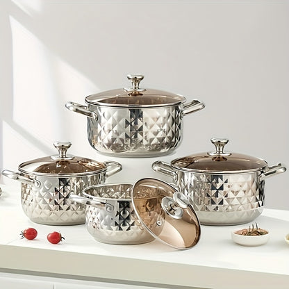 Diamond Pattern Cookware Set – Stainless Steel Pots with Lids