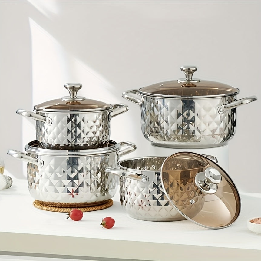 Diamond Pattern Cookware Set – Stainless Steel Pots with Lids