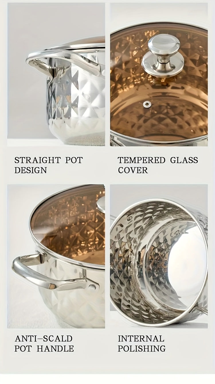 Diamond Pattern Cookware Set – Stainless Steel Pots with Lids